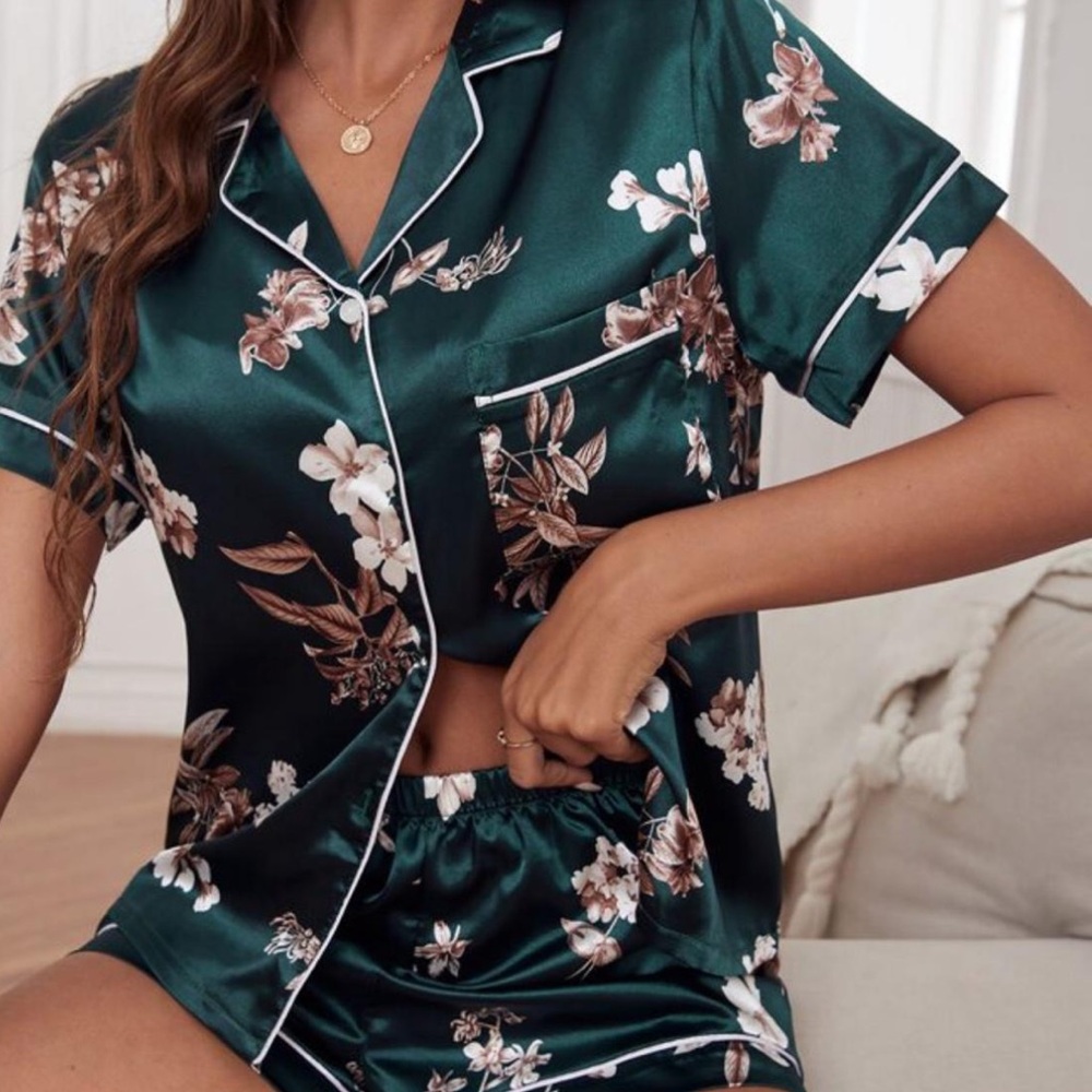 Chic Nation Floral Pajama Set - Dark Green and White